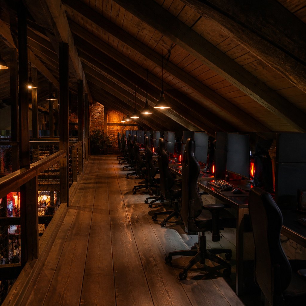 A pale-walled mid-floor room where three players laugh while one tries a headset