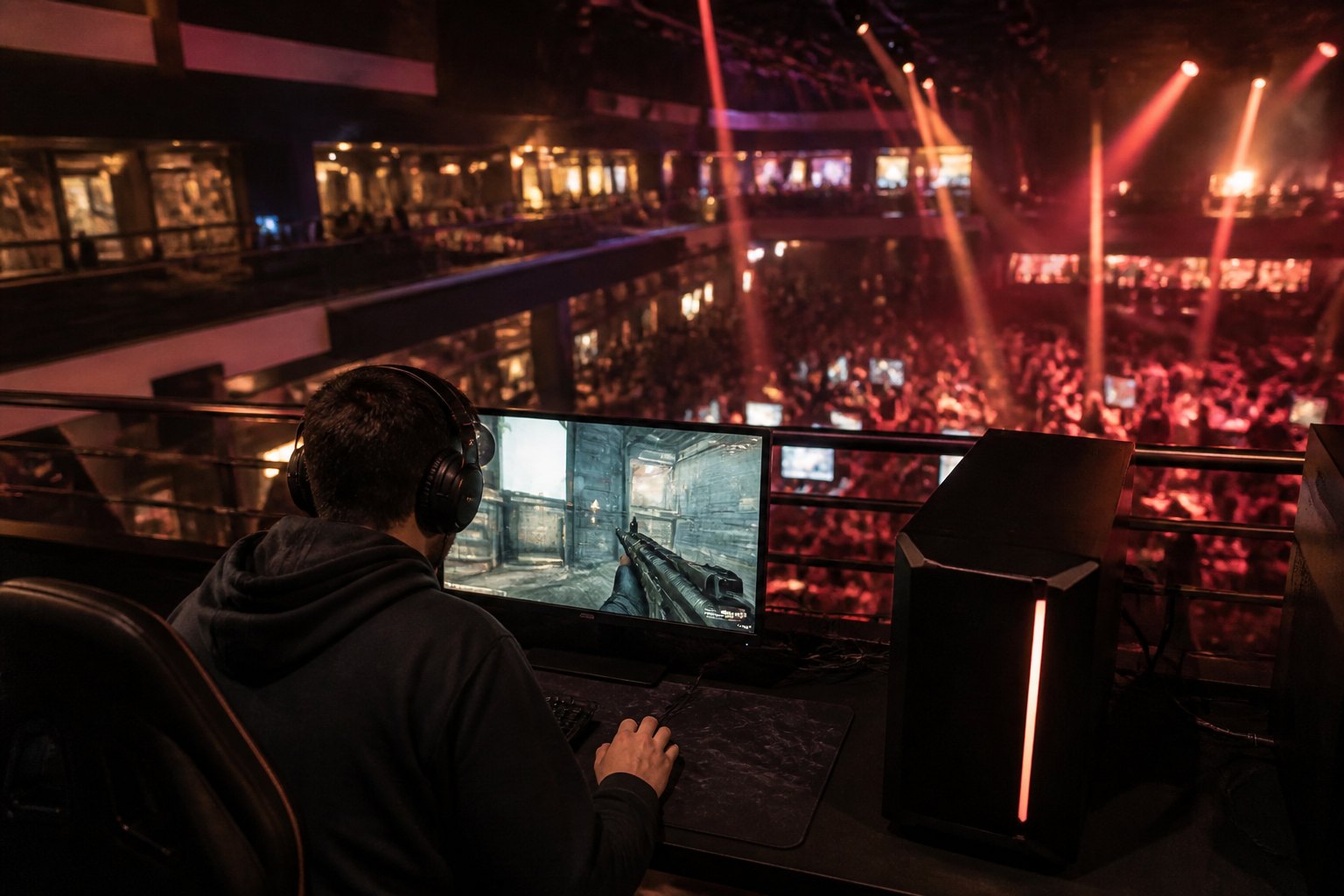 A player in an orange shirt and over-ear headset sits at a home-style gaming station, one hand on the mouse, speaking into a boom mic while a game runs on the monitor under neon wall lights
